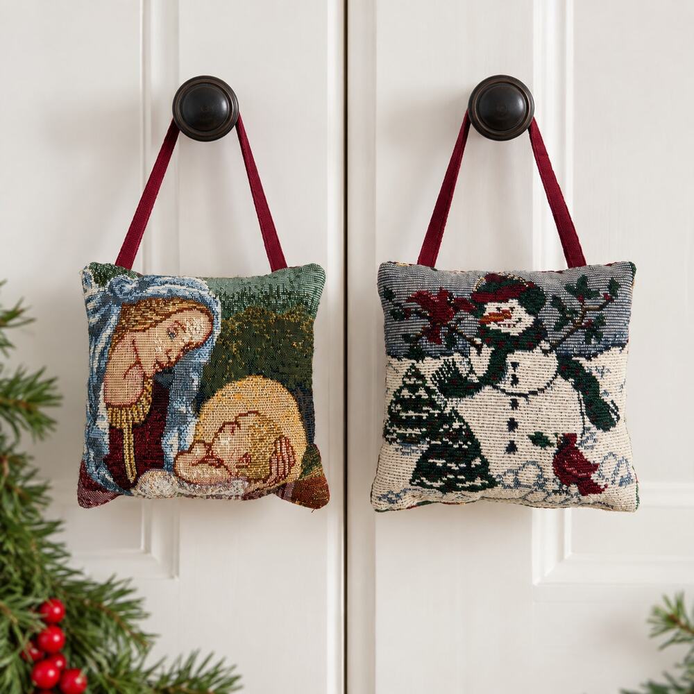 Christmas Tapestry Door Hangers Nativity Snowman Holiday Decor Set of 2